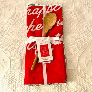 BRAND NEW SET OF TWO CHRISTMAS TEA TOWELS AND A WOODEN SPOON